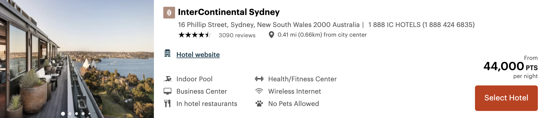 InterContinental Sydney points booking rate listing